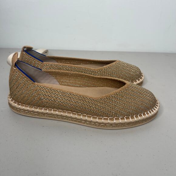 Rothys Tan Metallic Gold Stripe Ballet Ankle Lace Wrap Up Flats 8.5 - Picture 6 of 9